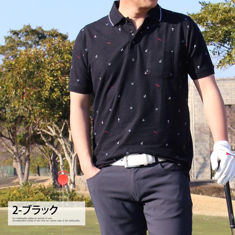 ポロシャツ ゴルフ メンズ ゴルフウェア マリン柄 ロゴ総柄 速乾ドライ
