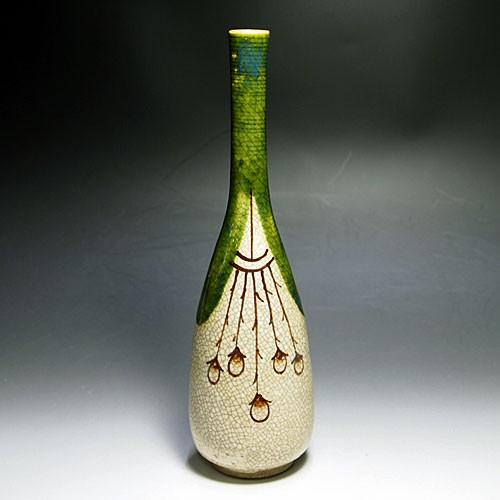 茶道具/花生） 瀬戸 赤津焼 織部鶴首花入 長谷元窯 加藤景陶作 紙箱