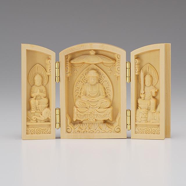 厄除け三開仏 釈迦三尊 柘植製（釈迦如来・文殊菩薩・普賢菩薩