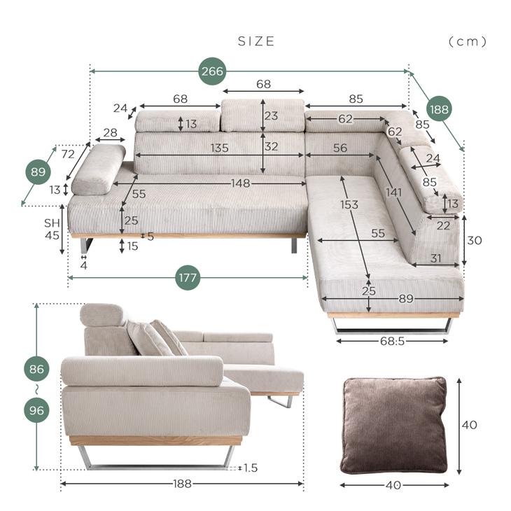 タンスのゲン ソファ 3人掛け おしゃれ コーデュロイ コーナー ヘッド