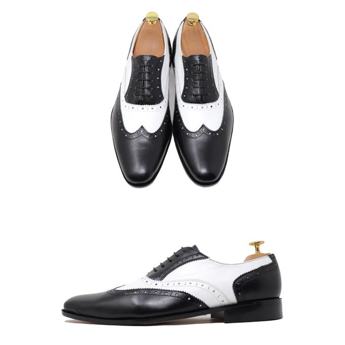 本革 メンズ ウィングチップ ホワイト＆ブラック ハンドメイド