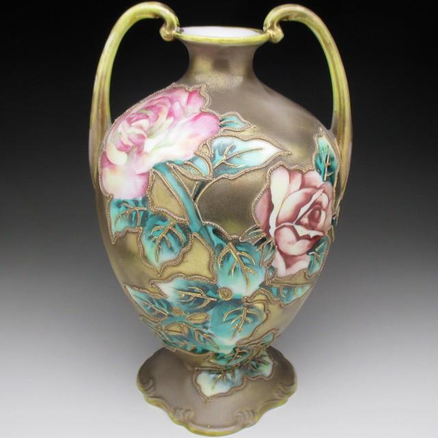 ノリタケ オールドノリタケ 金盛り薔薇絵 花瓶 22cm : アンティーク