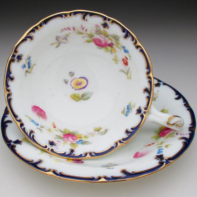 コウルドン 藍縁金彩花絵 カップ＆ソーサー アンティーク 1905年 (b
