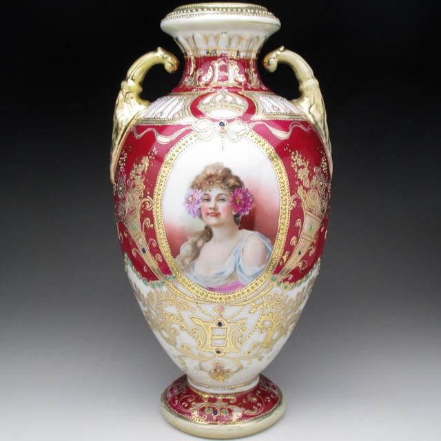 ノリタケ オールドノリタケ レッド地ジュール金盛りポートレート貴婦人