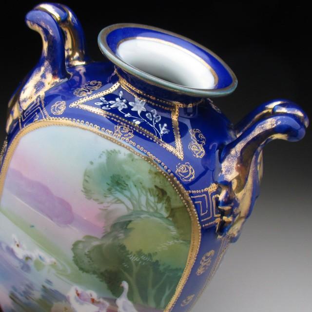 ノリタケ オールドノリタケ コバルト金盛り水鳥絵 花瓶 22cm