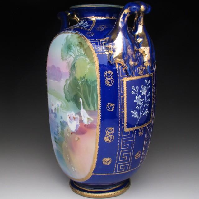 ノリタケ オールドノリタケ コバルト金盛り水鳥絵 花瓶 22cm