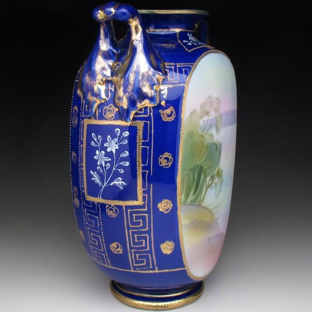 ノリタケ オールドノリタケ コバルト金盛り水鳥絵 花瓶 22cm