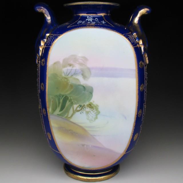 ノリタケ オールドノリタケ コバルト金盛り水鳥絵 花瓶 22cm