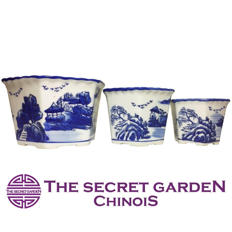 THE-SECRET-GARDEN シノワズリ プランター 3セット 青白陶器 ブルー