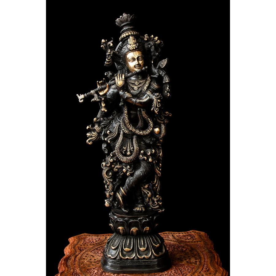 送料無料 クリシュナ クリシュナ像 神様像 ラーダ 真鍮黒塗仕上げ 特大