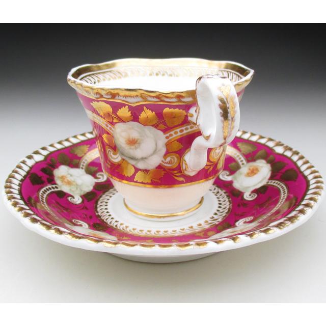 Spode スポード ピンク地金彩薔薇文 カップ＆ソーサー アンティーク 19