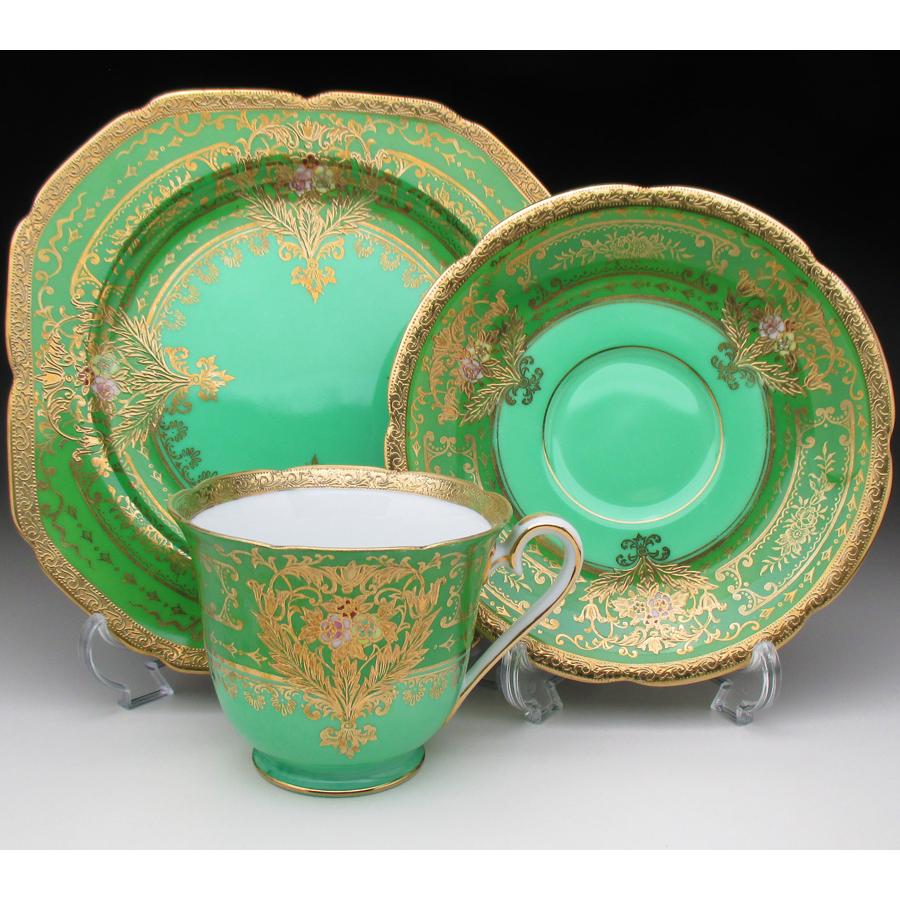 ノリタケ オールドノリタケ グリーン地金盛り花文 トリオ カップ