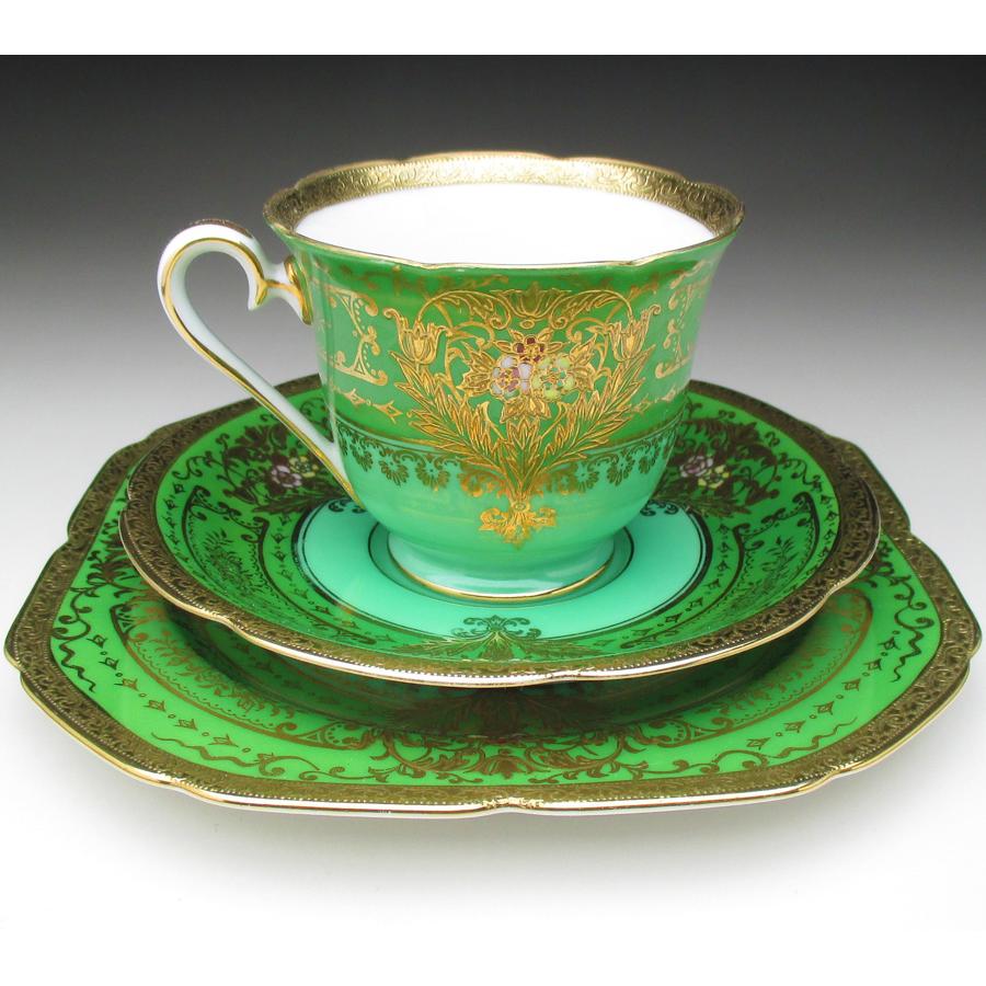 ノリタケ オールドノリタケ グリーン地金盛り花文 トリオ カップ