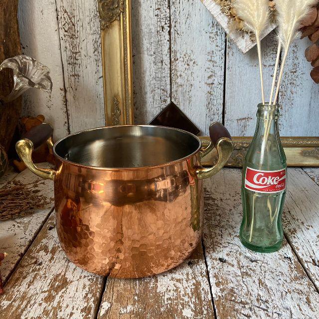 ヴィンテージ 未使用*Solid Copper*槌目 両手鍋 20cm*ウッド 木の