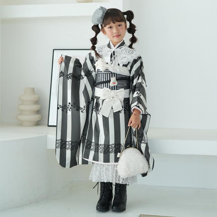 レンタル 七五三 着物 7歳 セット シュセット レトロ ストライプ 黒系