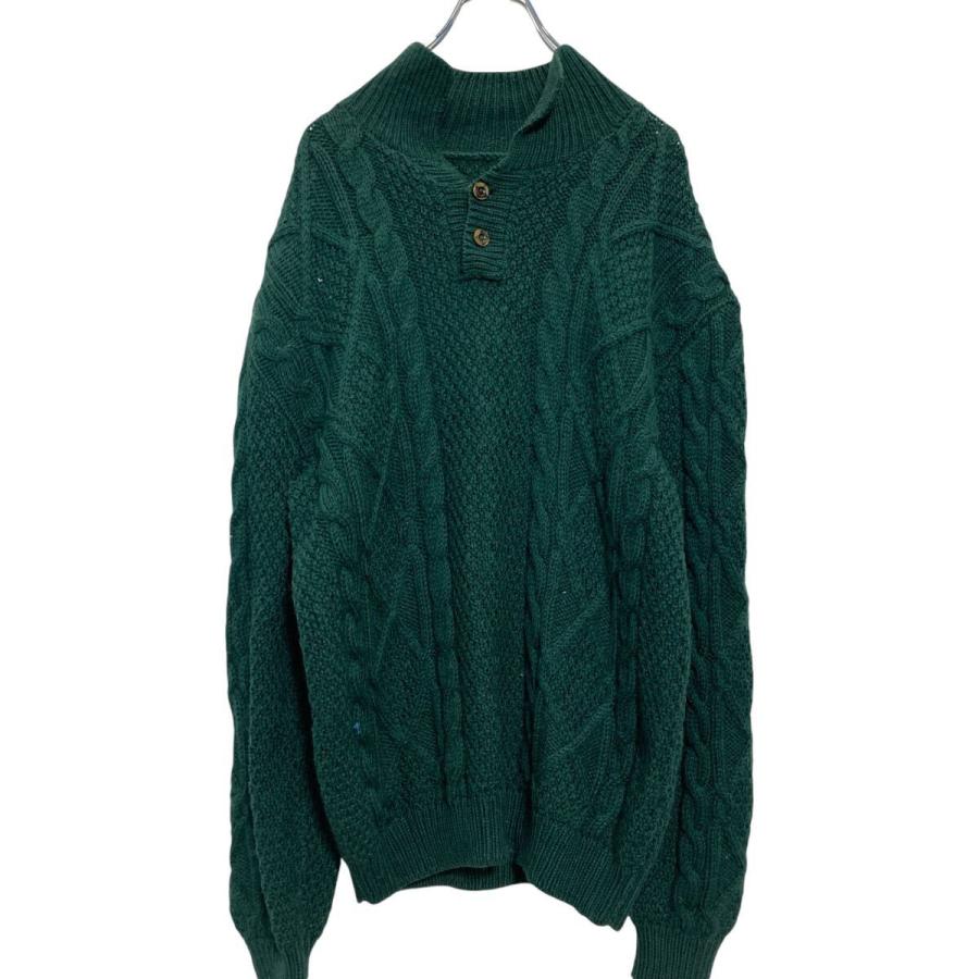 ハーフボタン ケーブルニット セーター XL〜 グリーン ビッグサイズ