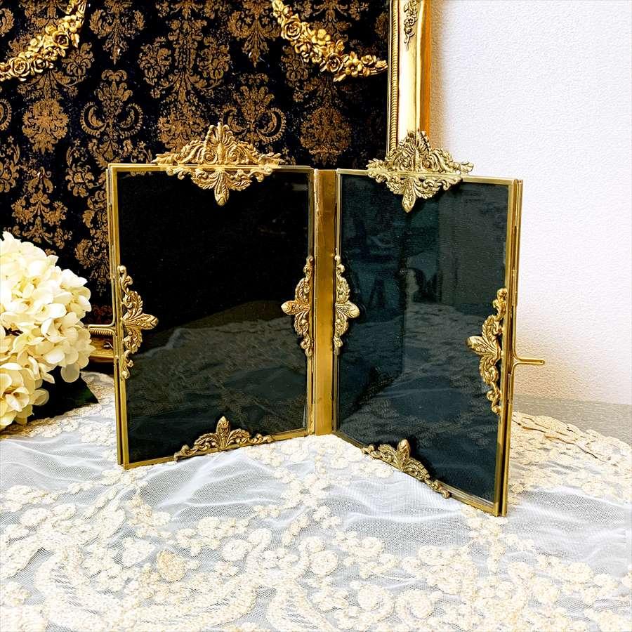 クラシックフォトフレーム ダブル 2面 写真立て 両面 縦置き 真鍮