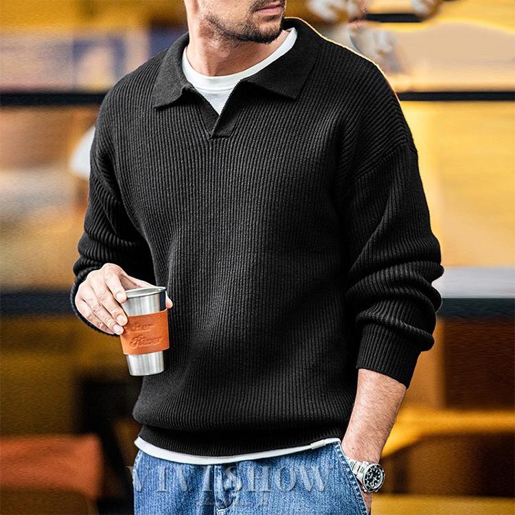 メンズ ニットソー ポロシャツ 長袖 襟付きセーター 無地 カッコイイ