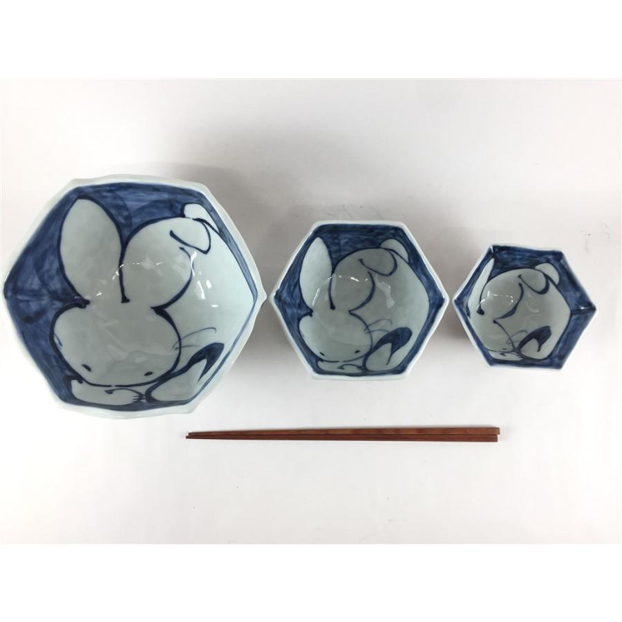 波佐見焼 光玉窯 六角丼 万歴 兎 16.5cm 丼ぶり 中鉢 動物柄 うさぎ 兔