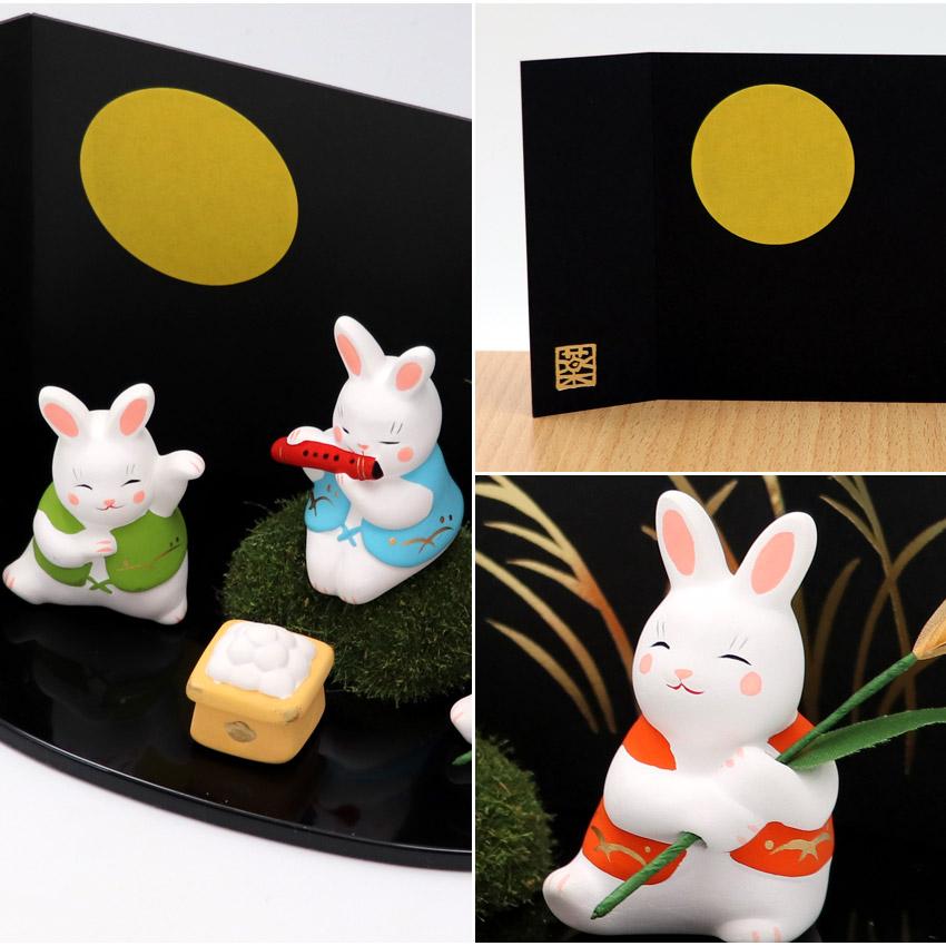 大阪長生堂 うさぎ ウサギ 兎 卯 置物 陶器 錦彩十五夜うさぎ（お月見