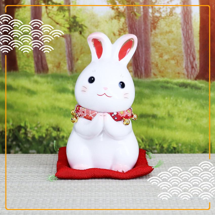 大阪長生堂 うさぎ ウサギ 兎 卯 置物 陶器 彩絵ふく福お願いうさぎ