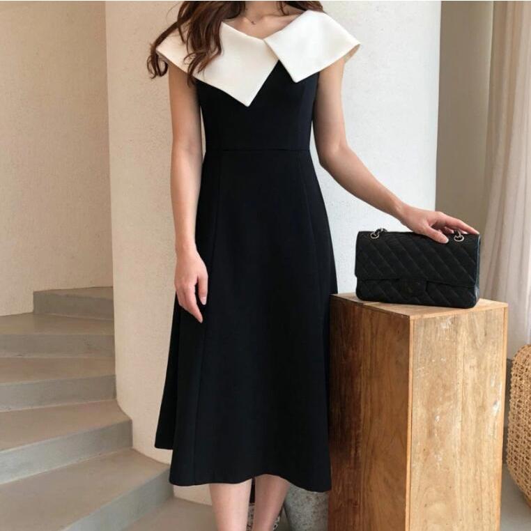 ワンピース 春 夏 レディース ノースリーブ ビッグカラー ドレス ひざ