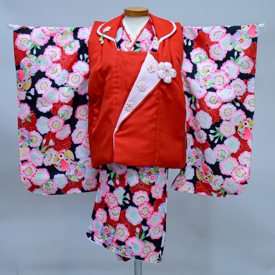 七五三 三歳 女児 被布着物フルセット 黒×赤 百花繚乱 半衿伊達襟付き