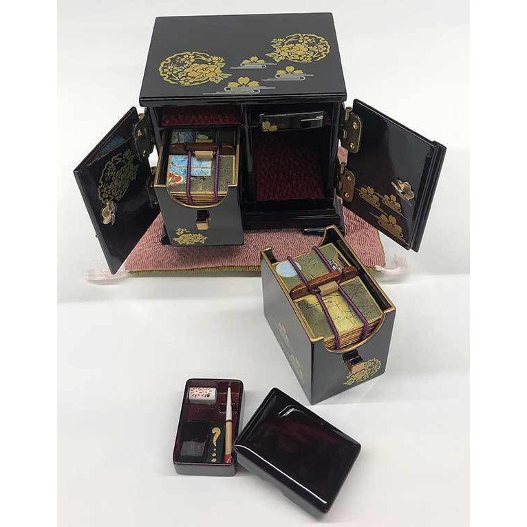 高級溜塗 雪牡丹桜 カルタ三棚揃 15号 木製 雛人形 雛道具 小道具