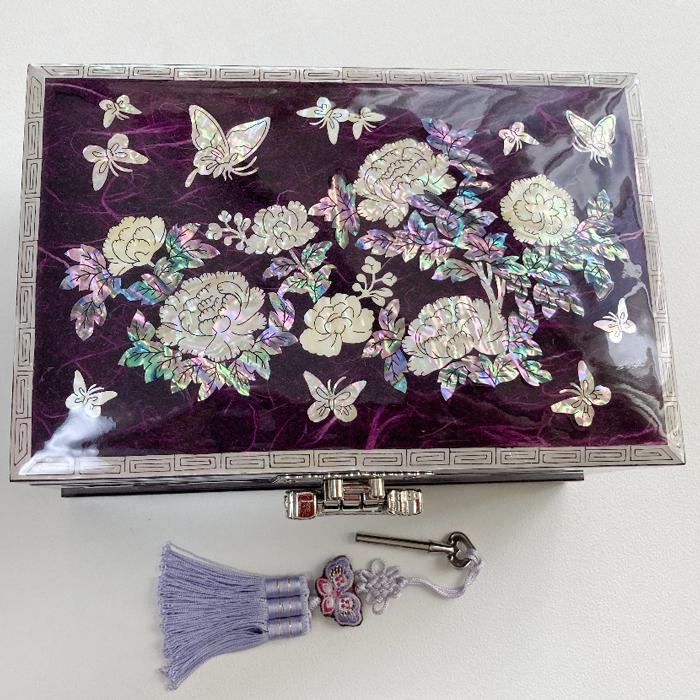 韓国螺鈿宝石箱7牡丹ジュエリーボックス鍵付き2段(パープル