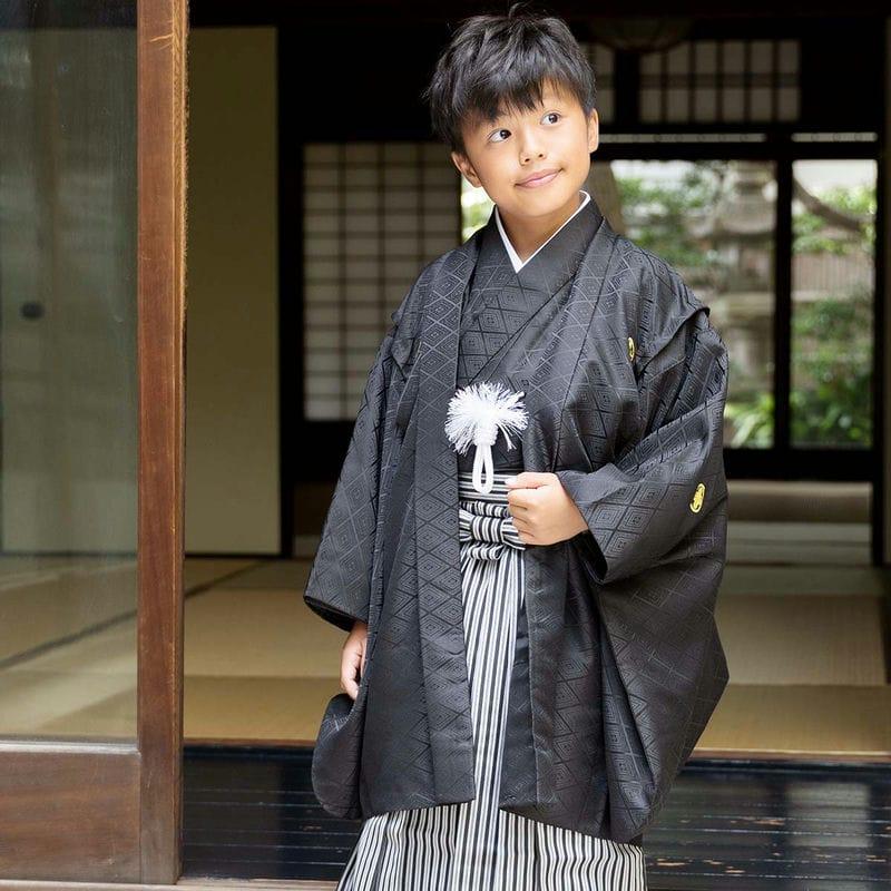七五三 着物 レンタル 753 7歳 男の子 七歳黒紋付×縞 端午の節句