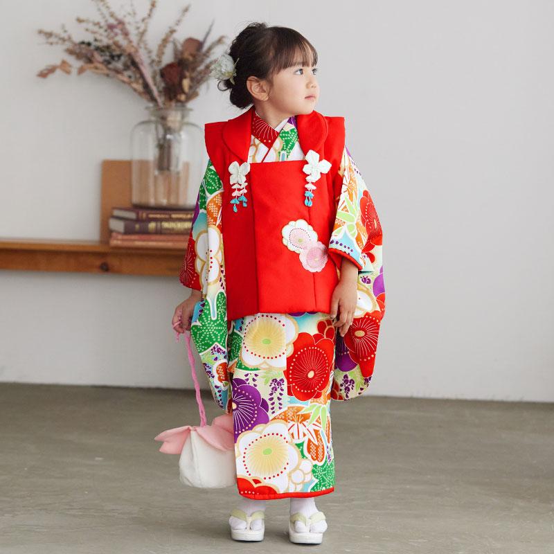 七五三 着物レンタル 3歳 753 女の子 フルセット 被布 水色桜疋田蝶×赤
