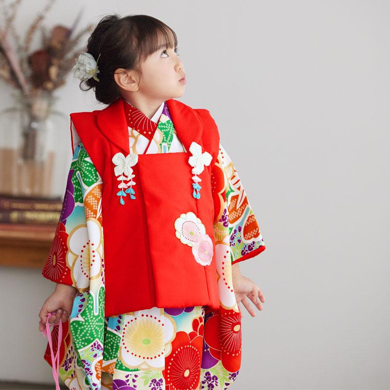 七五三 着物レンタル 3歳 753 女の子 フルセット 被布 水色桜疋田蝶×赤