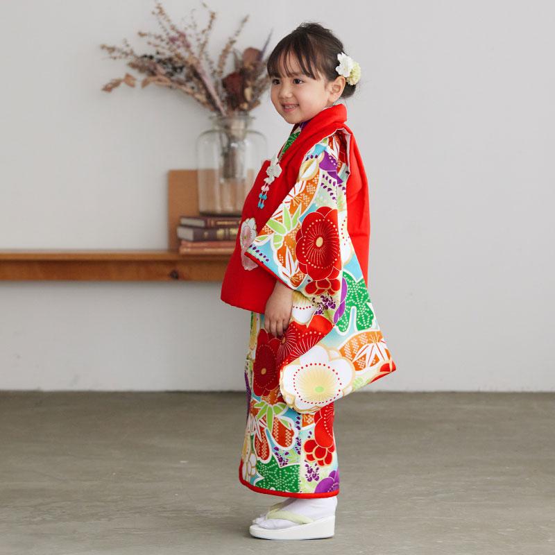 七五三 着物レンタル 3歳 753 女の子 フルセット 被布 水色桜疋田蝶×赤