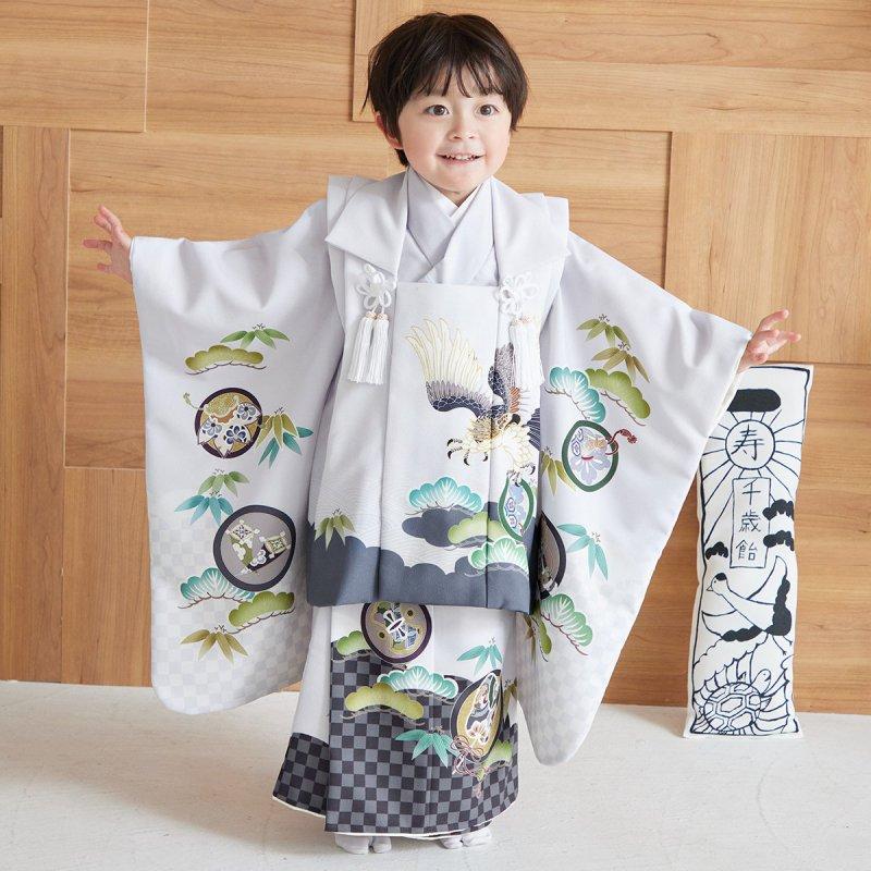七五三 着物レンタル 3歳 753 男の子 フルセット 被布 薄グレー鷹×薄