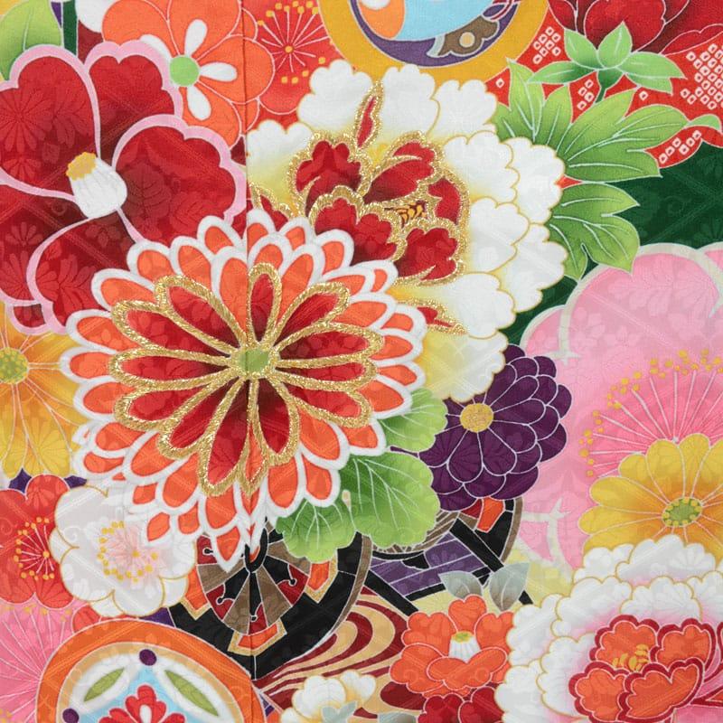 七五三 7歳着物 レンタル フルセット 緑 熨斗に花車 女の子 七歳 753