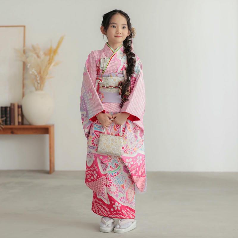 七五三 7歳着物 レンタル フルセット 総絞り ピンク 熨斗束に手毬
