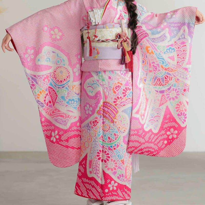 七五三 7歳着物 レンタル フルセット 総絞り ピンク 熨斗束に手毬