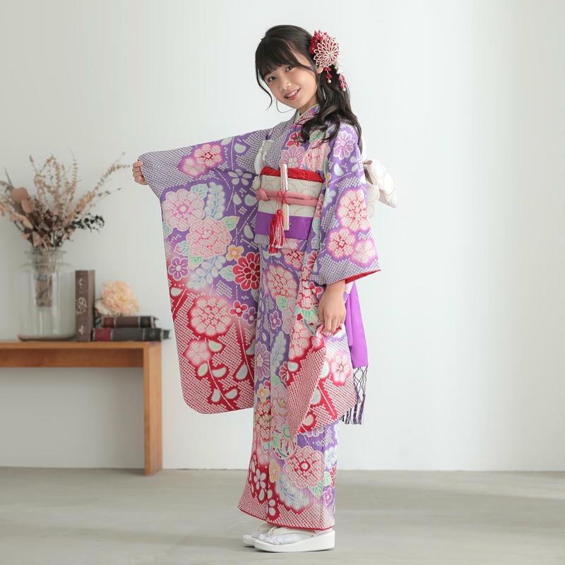 七五三 7歳着物セット 紫色絞り花柄 七五三 7歳着物セット 紫色絞り花