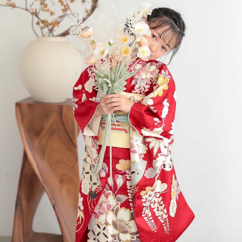 七五三 7歳着物 レンタル フルセット 赤 桜に扇面 女の子 七歳 753