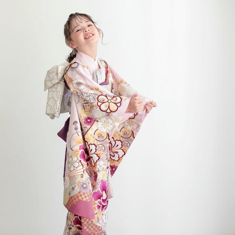 七五三 7歳着物 レンタル フルセット ピンク 扇面に椿 女の子 七歳 753