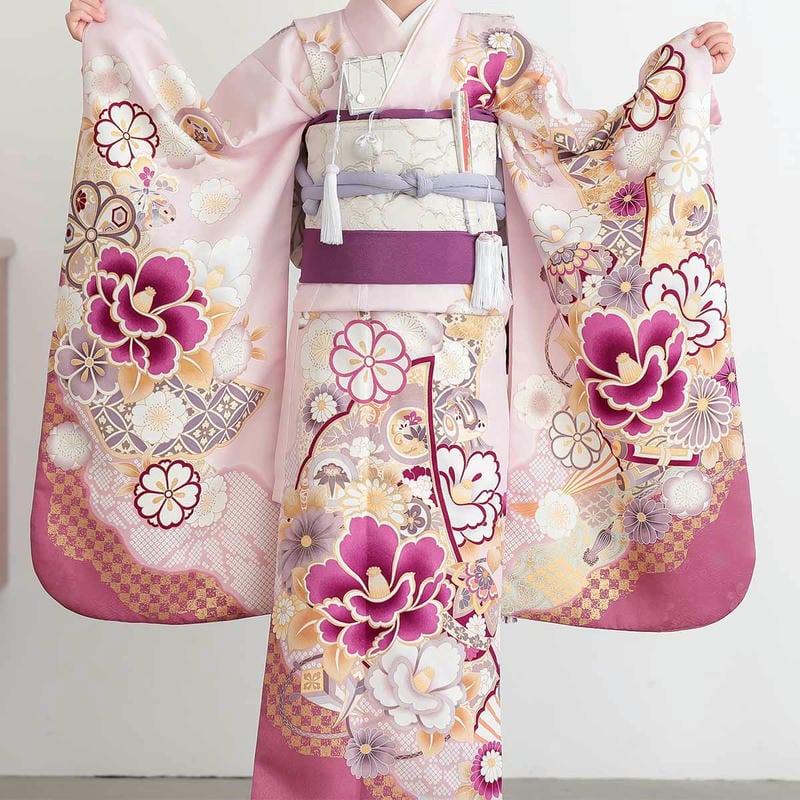 七五三 7歳着物 レンタル フルセット ピンク 扇面に椿 女の子 七歳 753