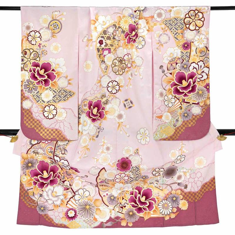 七五三 7歳着物 レンタル フルセット ピンク 扇面に椿 女の子 七歳 753