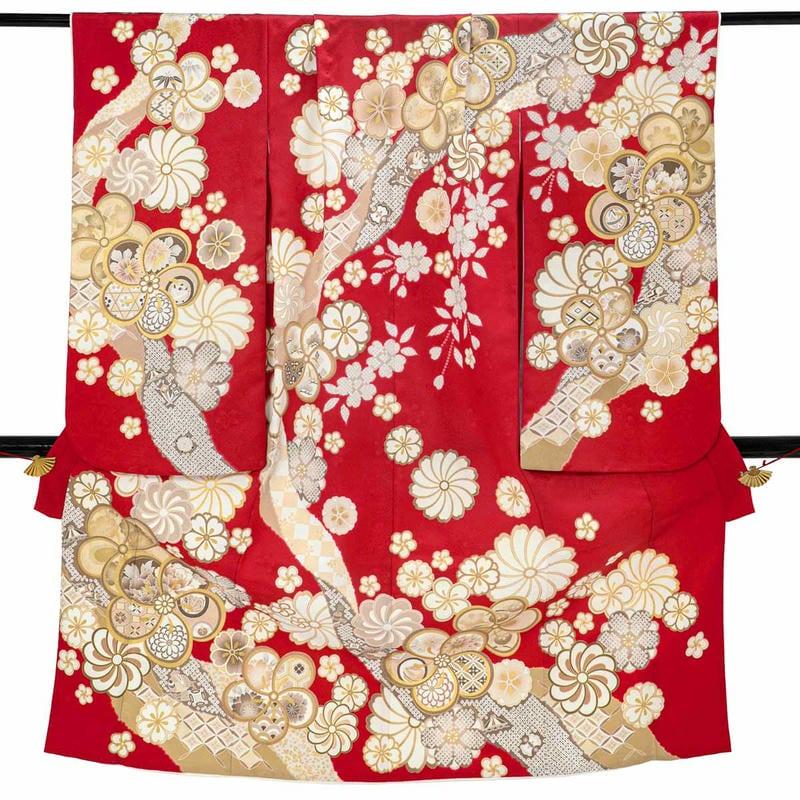 七五三 7歳着物 レンタル フルセット 赤 ねじれ梅 女の子 七歳 753