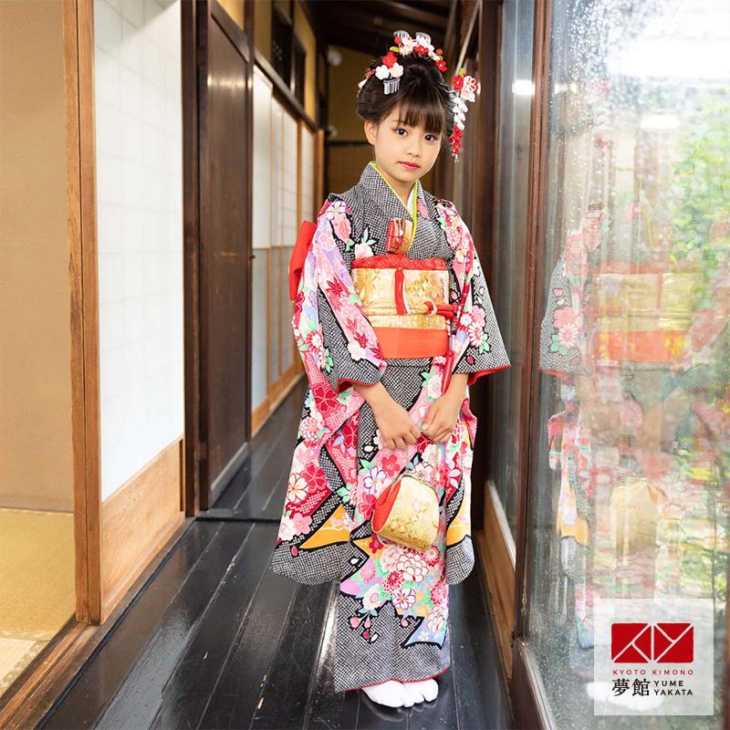 七五三 7歳着物 レンタル フルセット 黒 疋田熨斗目☆ 女の子 七歳 753