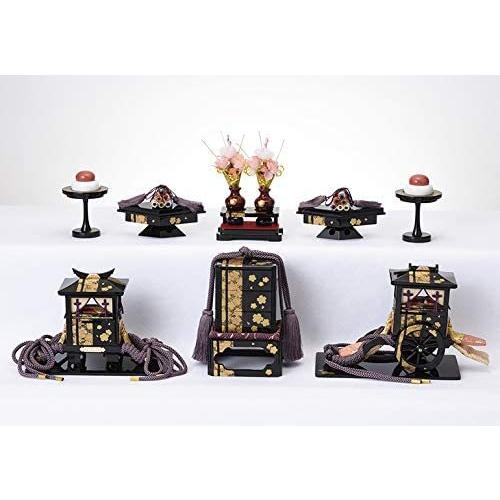 部品売り 雛人形 6点道具 3段用 木製 黒塗 かすみ桜 六品揃 牛車型 雛