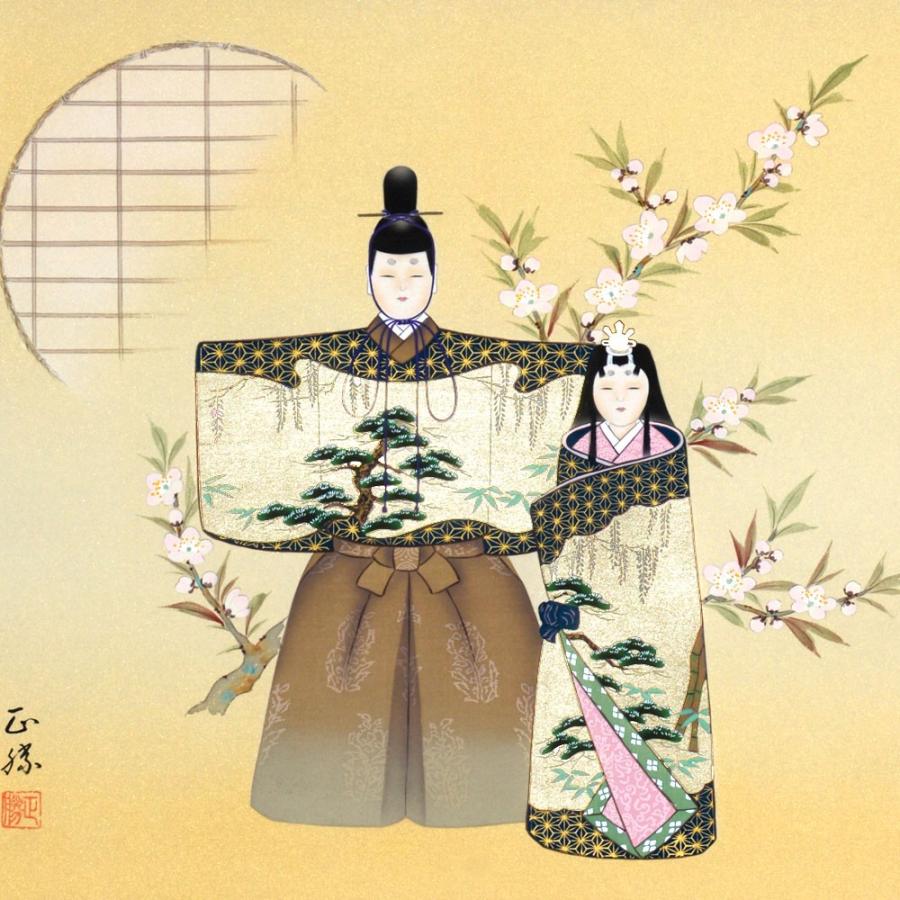 お雛様掛軸 (掛け軸) 藤吉正勝 立雛 円窓(本金箔押) (尺八横)約横72×縦