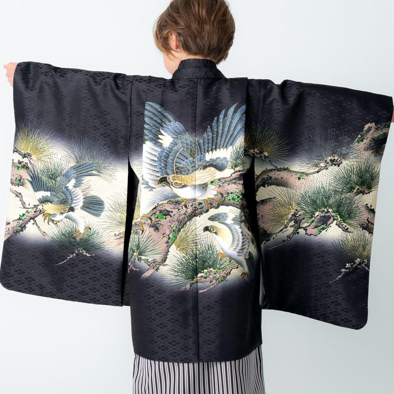 七五三 着物 レンタル 753 5歳 男の子 黒 鷹に松×黒縞 端午の節句