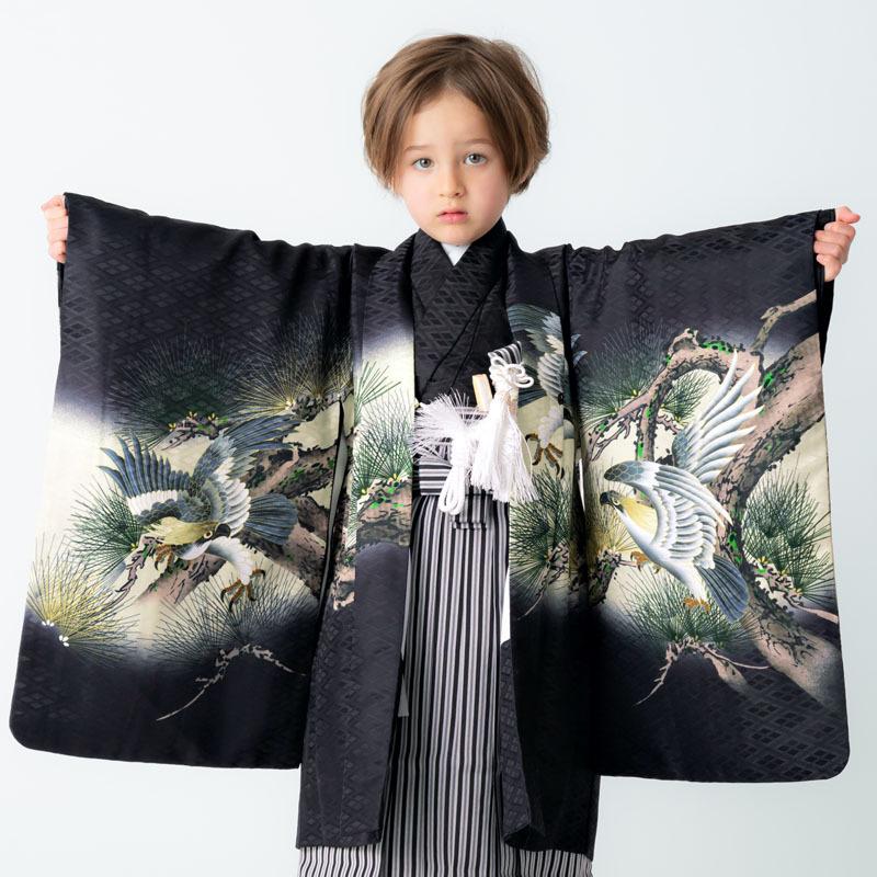 七五三 着物 レンタル 753 5歳 男の子 黒 鷹に松×黒縞 端午の節句