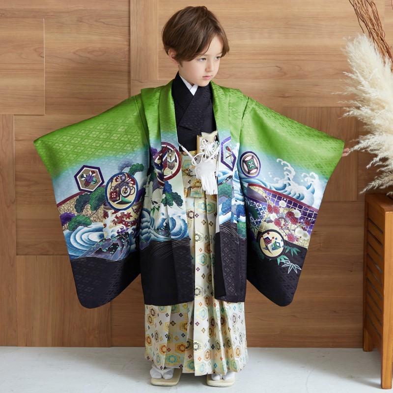 七五三 着物 レンタル 753 5歳 男の子 緑 鷹に波と菱格子 端午の節句