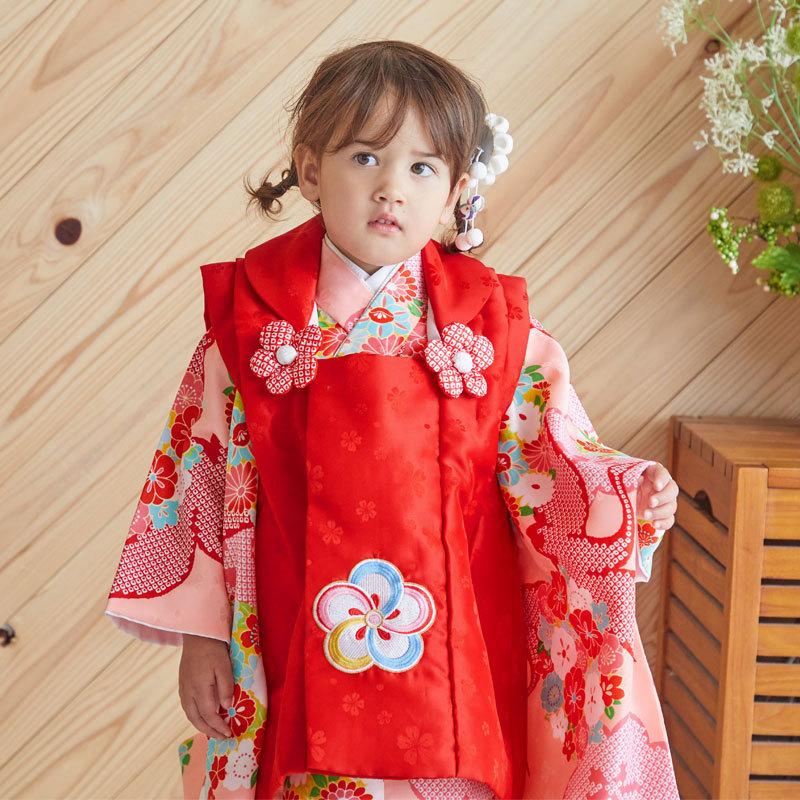 七五三 着物レンタル 3歳 753 女の子 フルセット 被布 赤×ピンク 鶴に